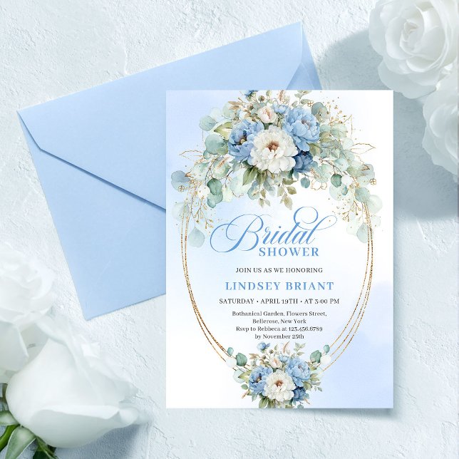 Invitación Trendy Pastel Blue Peony Eucalyptus Bridal Shower  (Trendy Pastel Blue Peony Eucalyptus Bridal Shower Invite)