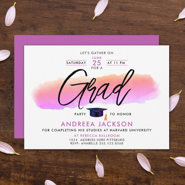 Invitación Trendy Pink Purple Grad Cap Bold Script Watercolor (Subido por el creador)