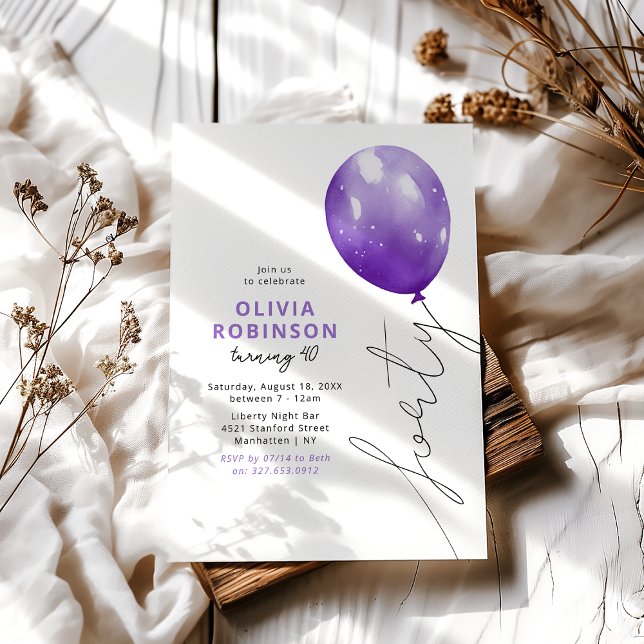 Invitación Trendy Purple Balloon 40th Birthday (Subido por el creador)