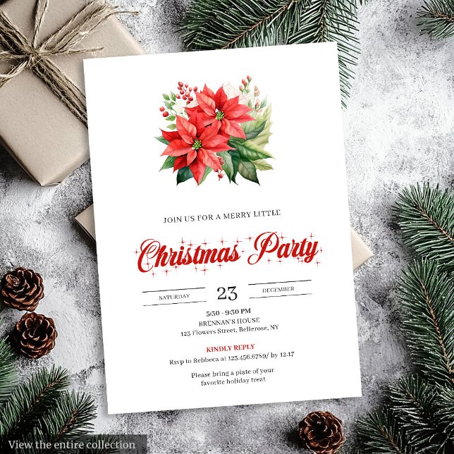 Invitación Trendy Red Poinsettia Holiday Party Christmas   (Trendy Red Poinsettia Holiday Party Christmas Invitation)