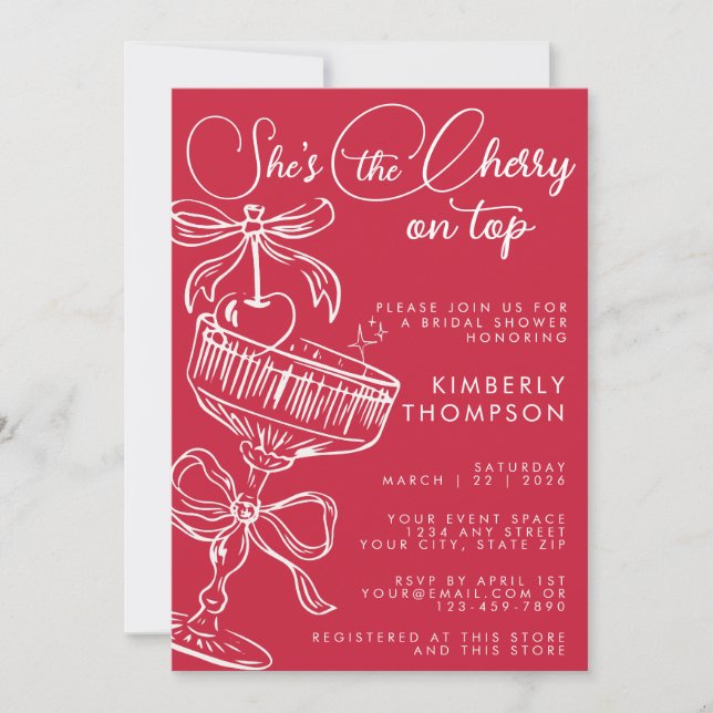 Invitación Trendy Red She's The Cherry On Top Bridal Shower (Anverso)