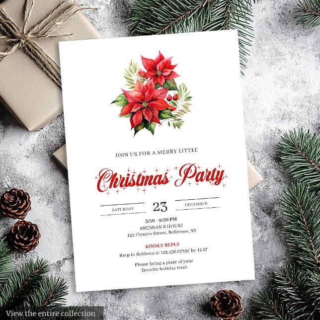 Invitación Trendy Red White Poinsettia Holiday Party Invites (Trendy Red White Poinsettia Holiday Party Invitation)