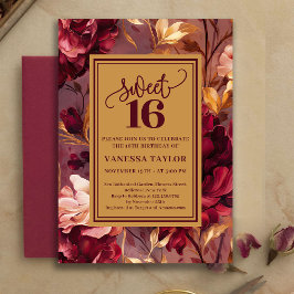 Invitación Trendy Sweet 16 Burgundy Roses Gold Invitation