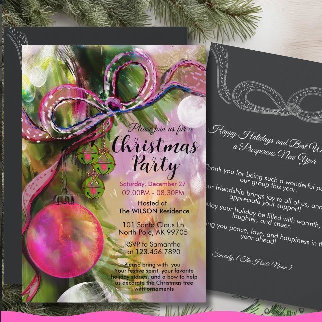 Invitación Trendy Vivid Pink Bold Ribbon Christmas Party (Trendy Vivid Pink Bold Ribbon Christmas Party Invitation)