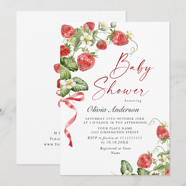 Invitación Trendy Watercolor Meadow Strawberry Baby Shower (Anverso / Reverso)