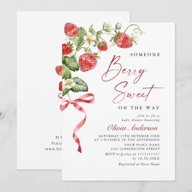 Invitación Trendy Watercolor Meadow Strawberry Baby Shower (Anverso / Reverso)