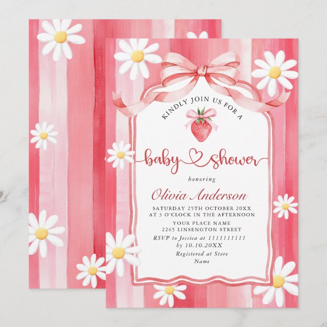 Invitación Trendy Watercolor Meadow Strawberry Baby Shower (Anverso / Reverso)