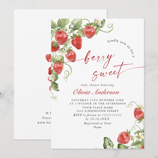 Invitación Trendy Watercolor Meadow Strawberry Baby Shower (Anverso / Reverso)
