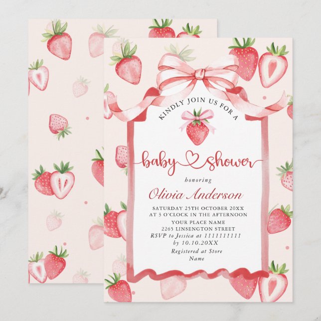Invitación Trendy Watercolor Meadow Strawberry Baby Shower (Anverso / Reverso)
