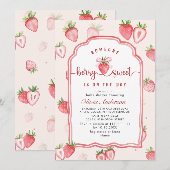 Invitación Trendy Watercolor Meadow Strawberry Baby Shower (Anverso / Reverso)