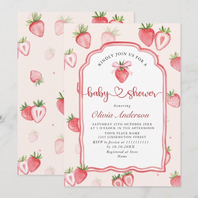 Invitación Trendy Watercolor Meadow Strawberry Baby Shower (Anverso / Reverso)