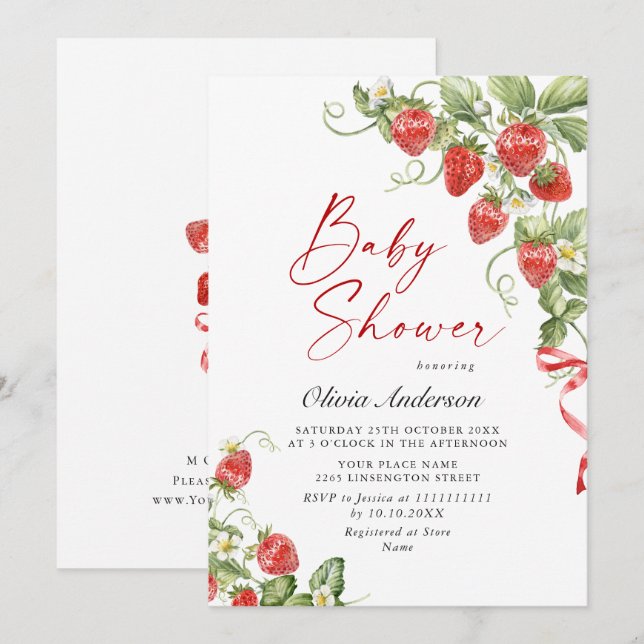 Invitación Trendy Watercolor Meadow Strawberry Baby Shower (Anverso / Reverso)