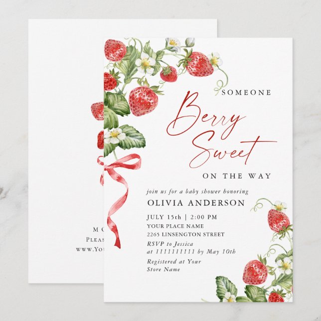 Invitación Trendy Watercolor Meadow Strawberry Baby Shower (Anverso / Reverso)