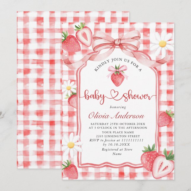 Invitación Trendy Watercolor Meadow Strawberry Baby Shower (Anverso / Reverso)