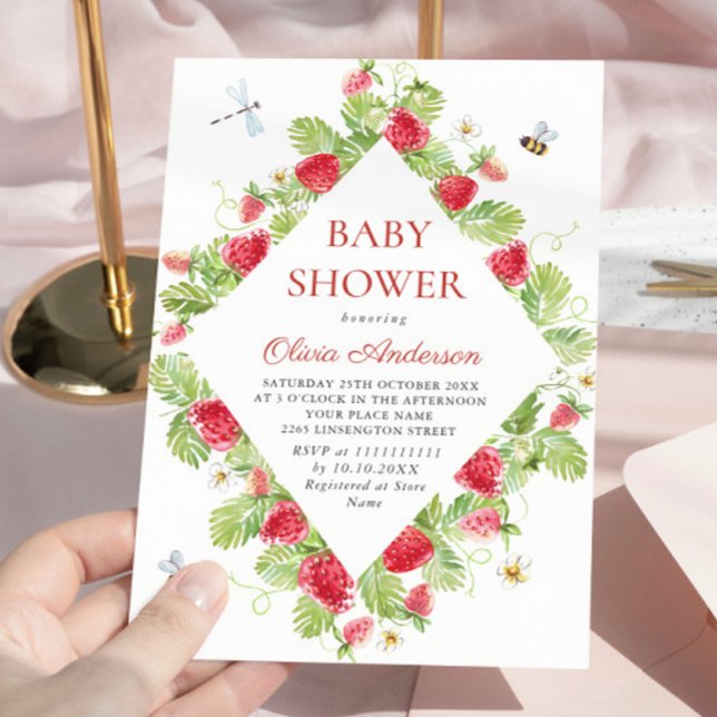 Invitación Trendy Watercolor Meadow Strawberry Baby Shower (Subido por el creador)