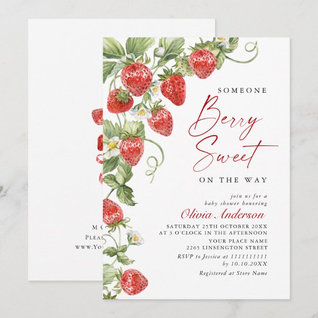 Invitación Trendy Watercolor Meadow Strawberry Baby Shower (Anverso / Reverso)