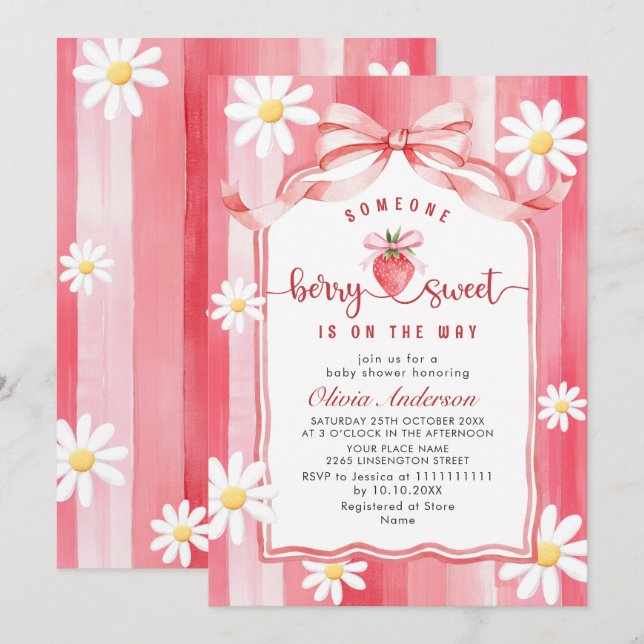 Invitación Trendy Watercolor Meadow Strawberry Baby Shower (Anverso / Reverso)