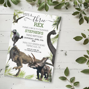 Invitación Tres 3 Cumpleaños Tercero Dinosaurio Tiranosaurio