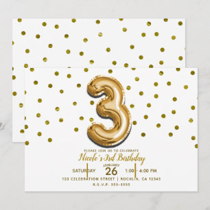 Invitación Tres 3 Globo de Confeti de Oro Cumpleaños 3