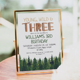 Invitación Tres acuarelas Rustic Wood Boys tercer cumpleaños