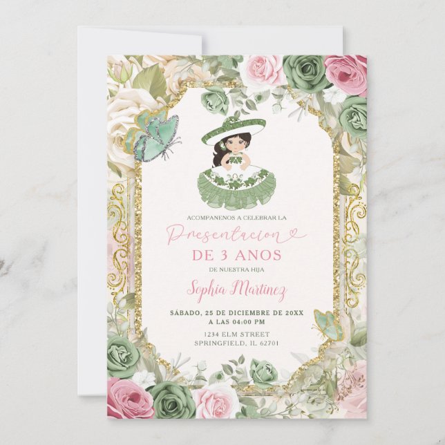 Invitación Tres Anos Sage Flores Rosadas Cumpleaños de Chica  (Anverso)