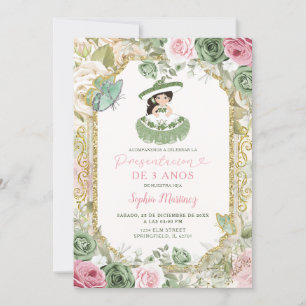 Invitación Tres Anos Sage Flores Rosadas Cumpleaños de Chica