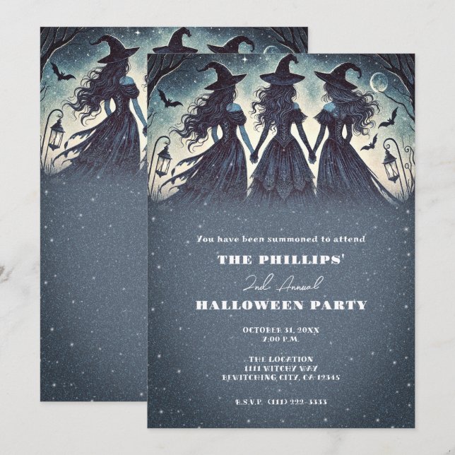 Invitación Tres brujas en la fiesta de Halloween estrellada d (Anverso / Reverso)