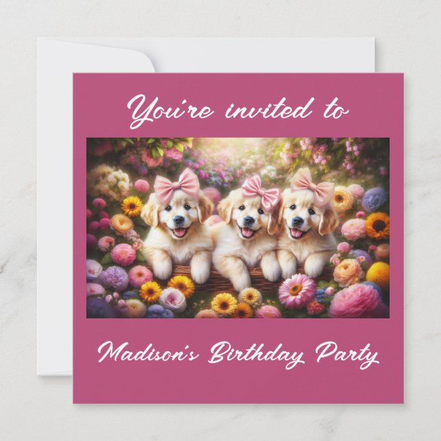 Invitación Tres Cachorros Golden Retriever con flores (Anverso)