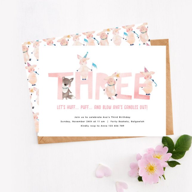 Invitación Tres Cerditos Gran Lobo Malo, Chicas tercer cumple (Subido por el creador)