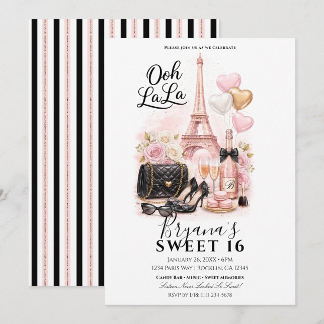 Invitación Très Chic en la Ciudad Rosa Cumpleaños Dulces 16 F (Anverso / Reverso)