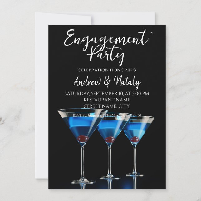 Invitación Tres cócteles azules con cereza en negro (Anverso)