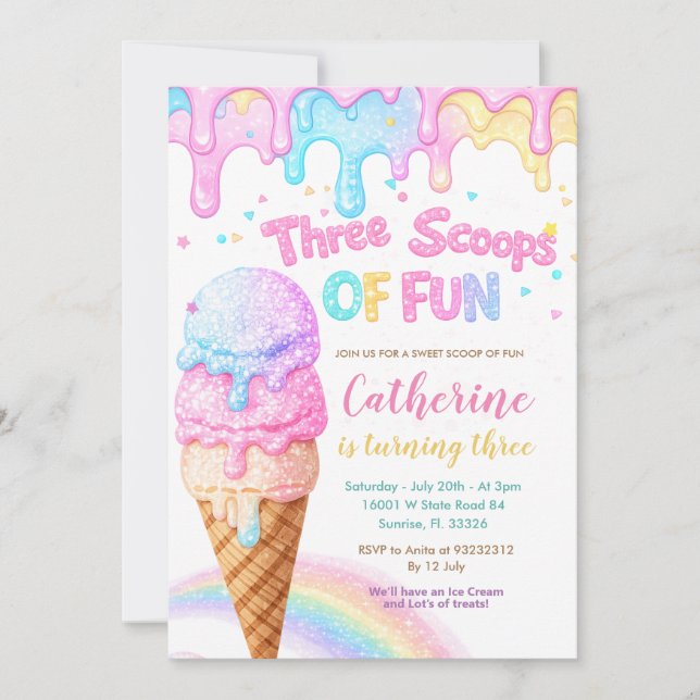 Invitación Tres Cucharadas De Helado De Diversión Cumpleaños  (Anverso)