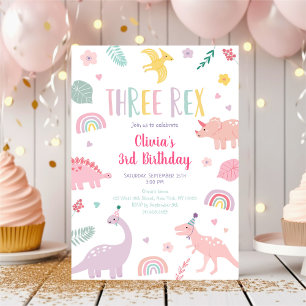 Invitación Tres cumpleaños de dinosaurios Rex Pink Boho