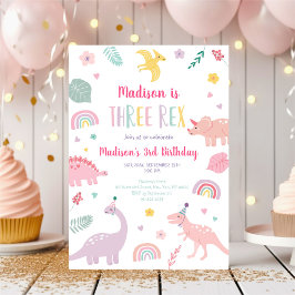 Invitación Tres cumpleaños de dinosaurios Rex Pink Boho