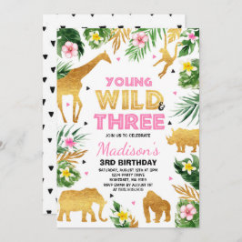 Invitación Tres del cumpleaños del safari animales jovenes