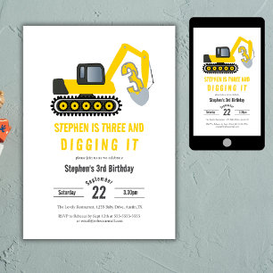 Invitación Tres & Digging it Construction 3er Cumpleaños