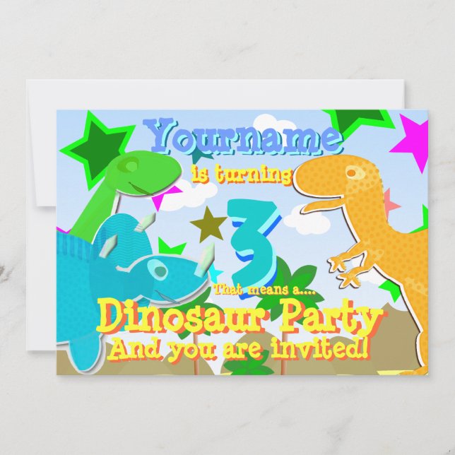 Invitación Tres dinosaurios invitan a fiesta de cumpleaños (Anverso)