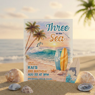 Invitación Tres en el Mar Retro Surf Playa Tercer Cumpleaños