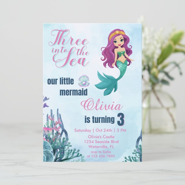 Invitación Tres en los Chicas de la sirena marina en tercer c (Anverso de pie)