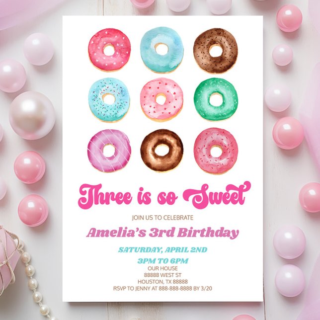 Invitación Tres Es Tan Dulce Donut Tercer Fiesta De Cumpleaño (Subido por el creador)