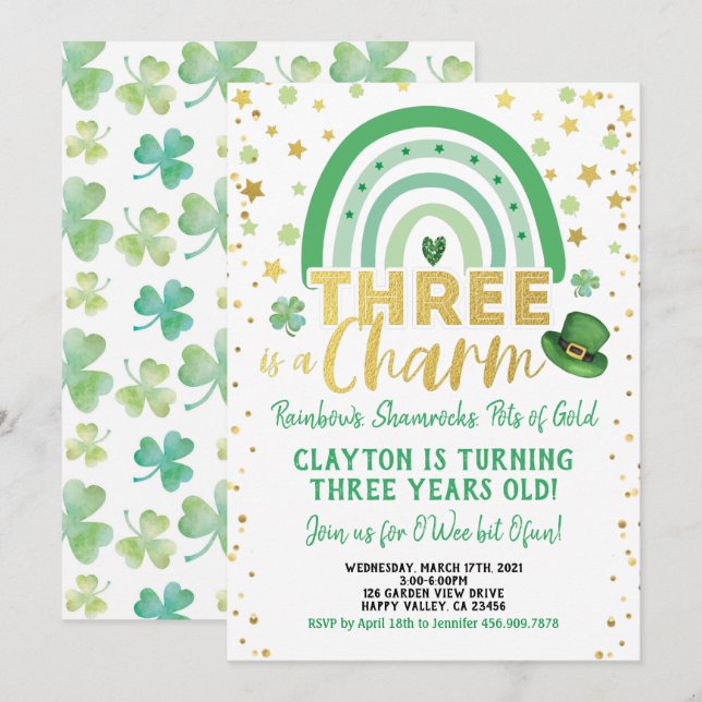 Invitación Tres es un Encanto Día del Tercer Cumpleaños de Sa (Anverso / Reverso)