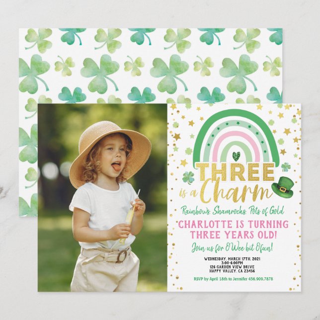 Invitación Tres es un encanto el tercer cumpleaños de la foto (Anverso / Reverso)