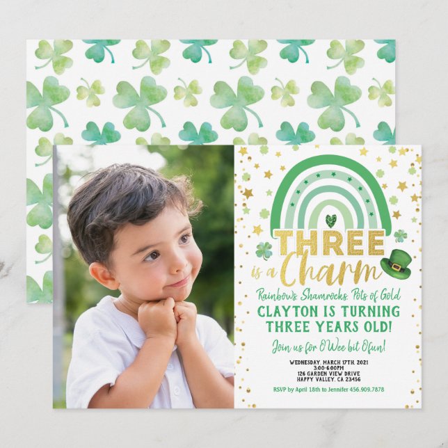 Invitación Tres es un encanto el tercer cumpleaños de la foto (Anverso / Reverso)