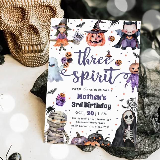 Invitación Tres Espíritus Halloween Fantasma Tercer cumpleaño (Subido por el creador)