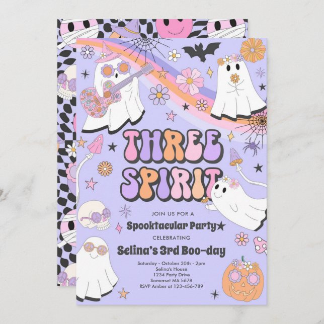 Invitación Tres Espíritus Halloween Groovy Fantasma Tercer cu (Anverso / Reverso)