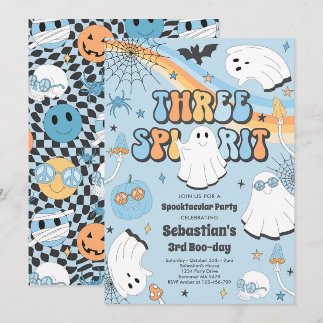 Invitación Tres Espíritus Halloween Groovy Fantasma Tercer cu (Anverso / Reverso)