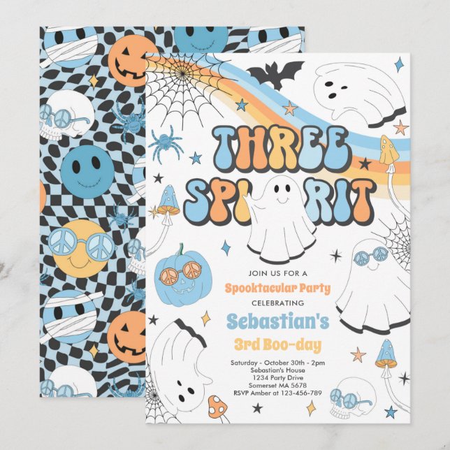 Invitación Tres Espíritus Halloween Groovy Fantasma Tercer cu (Anverso / Reverso)
