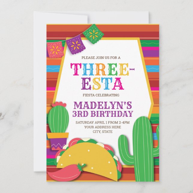 Invitación Tres Esta Fiesta Mexicana Taco Tercer Cumpleaños (Anverso)
