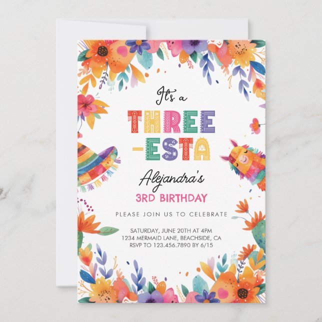 Invitación Tres Esta Fiesta Mexicana Tercer Fiesta de Cumplea (Anverso)