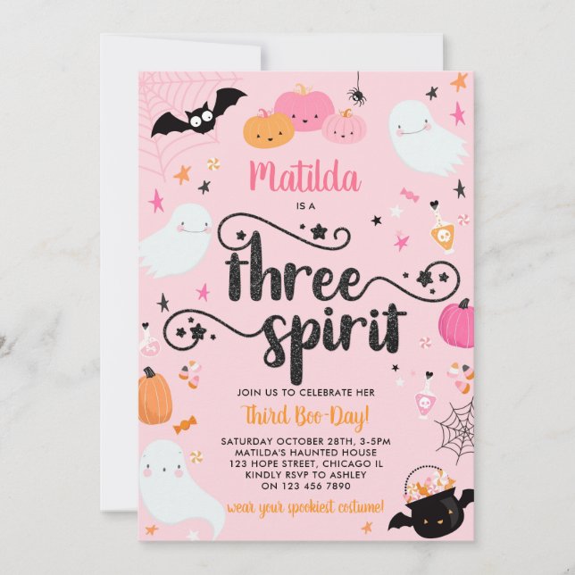 Invitación Tres Fiestas de cumpleaños de Spirit Pink Hallowee (Anverso)